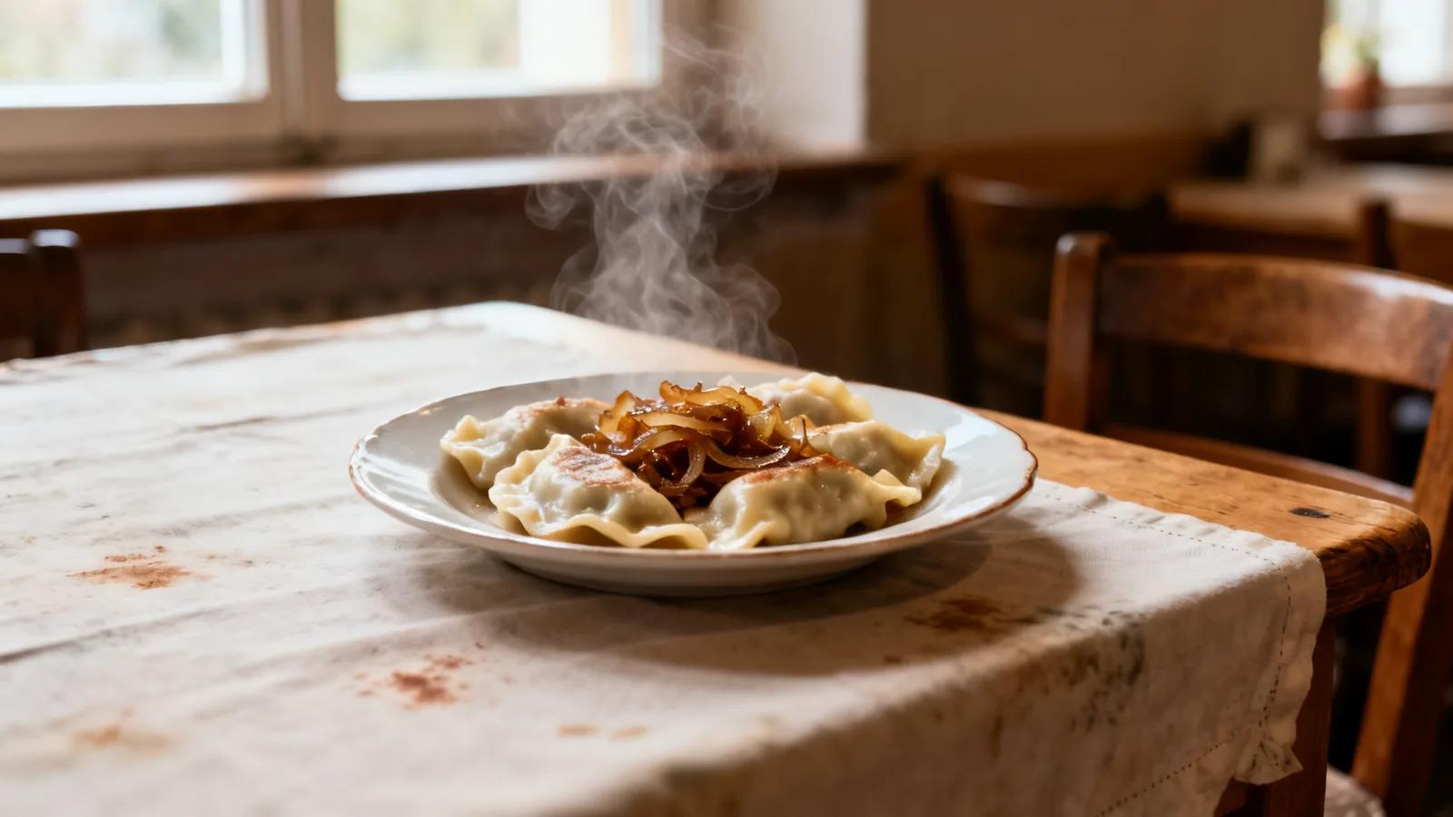 Illustrative plate of pierogi and onions in a dining room