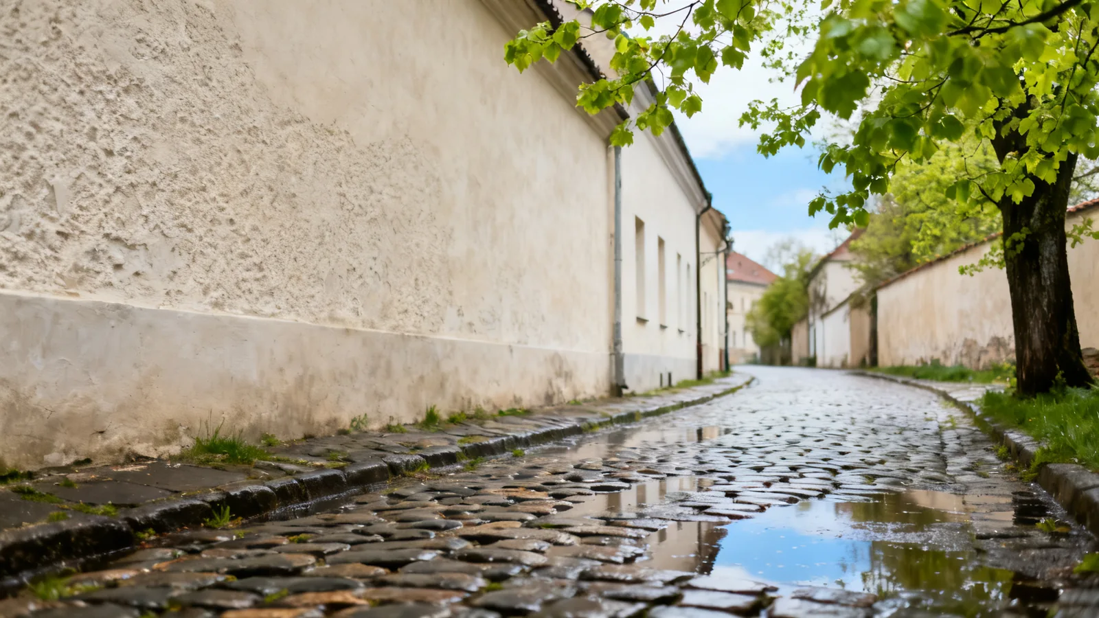 Illustrative wet cobbled lane with spring leaves
