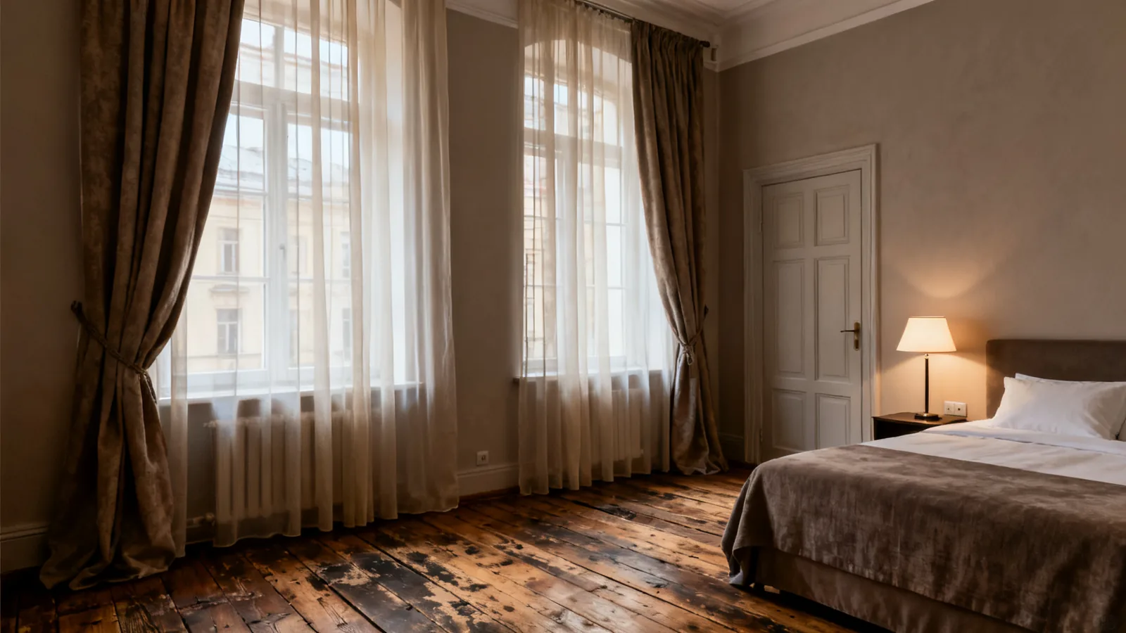 Illustrative bedroom with curtains and wooden flooring