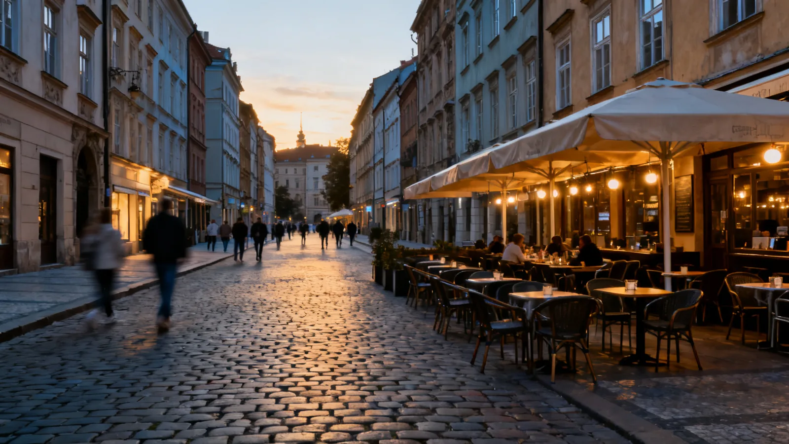 Illustrative city street with distant pedestrians at dusk