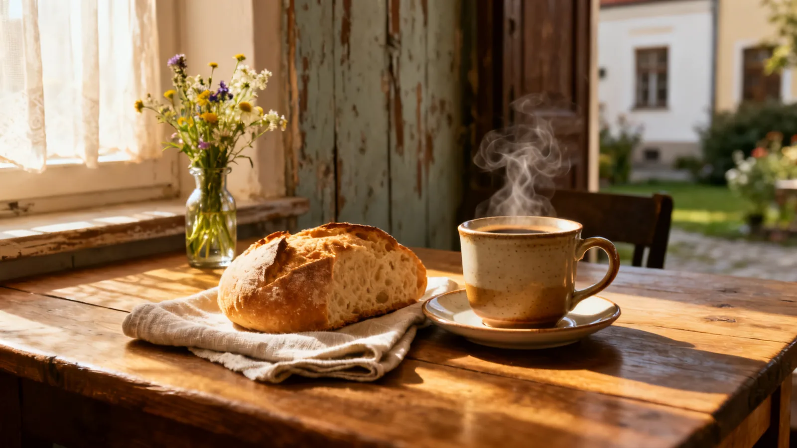 Illustrative café table with bread and a hot drink