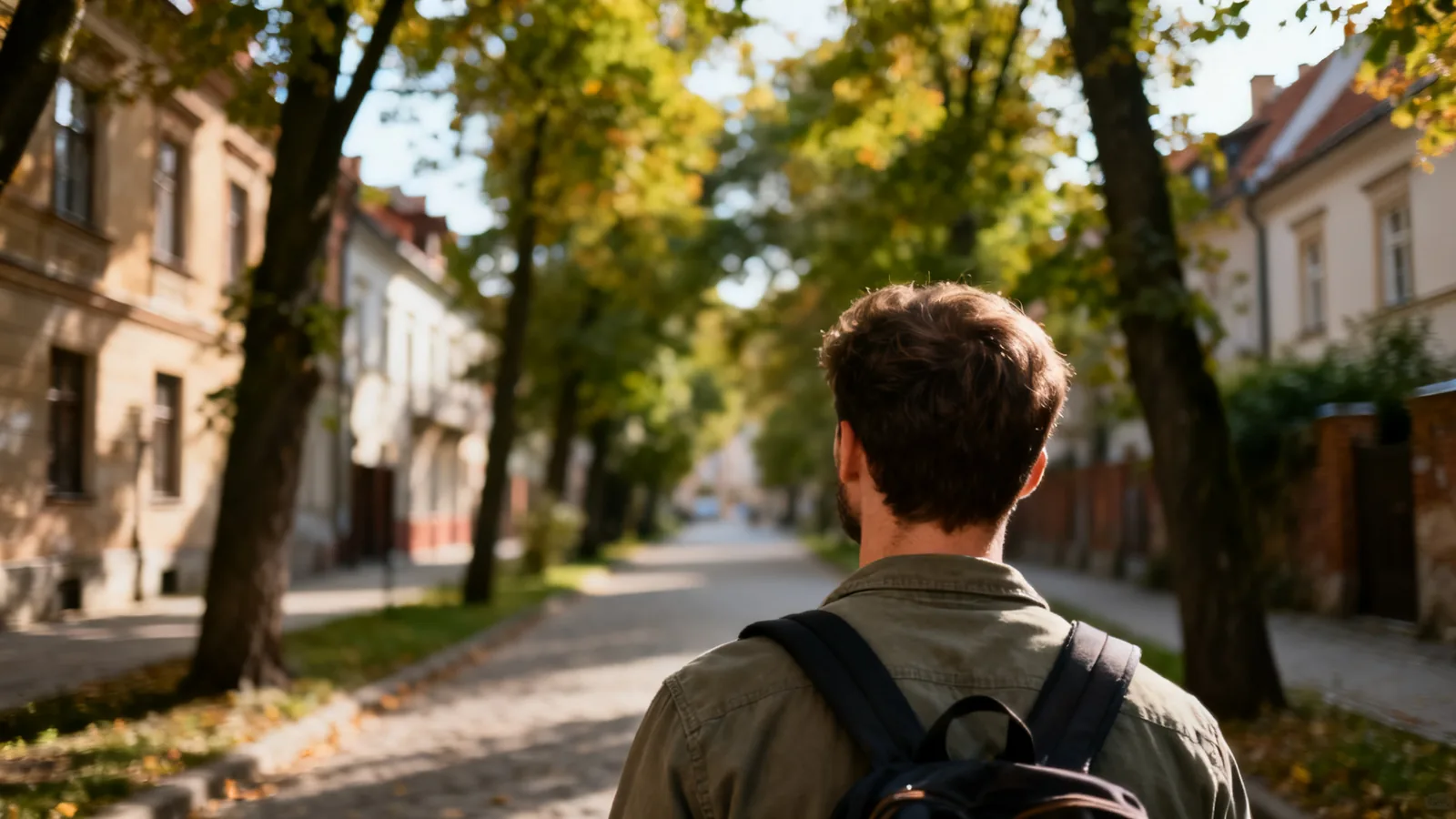 Illustrative visitor with a backpack on a leafy city street