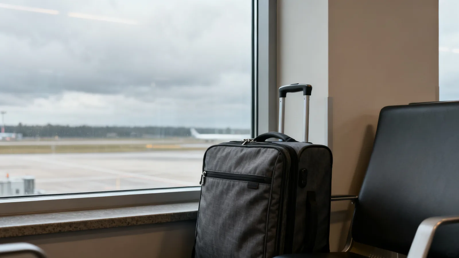 Illustrative wheeled bag beside an airport waiting-area window