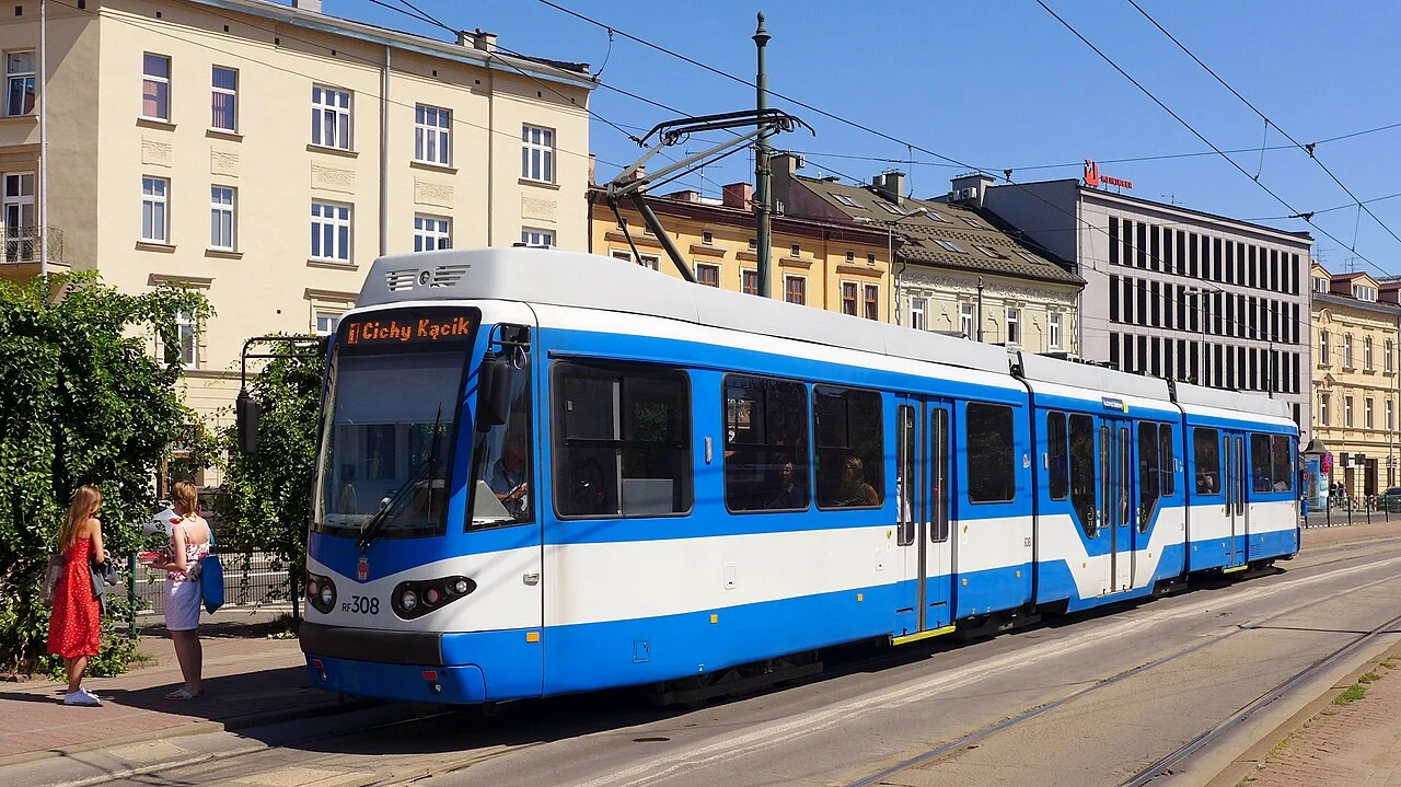 Municipal tram in Krakow; not a photograph of a tourist card