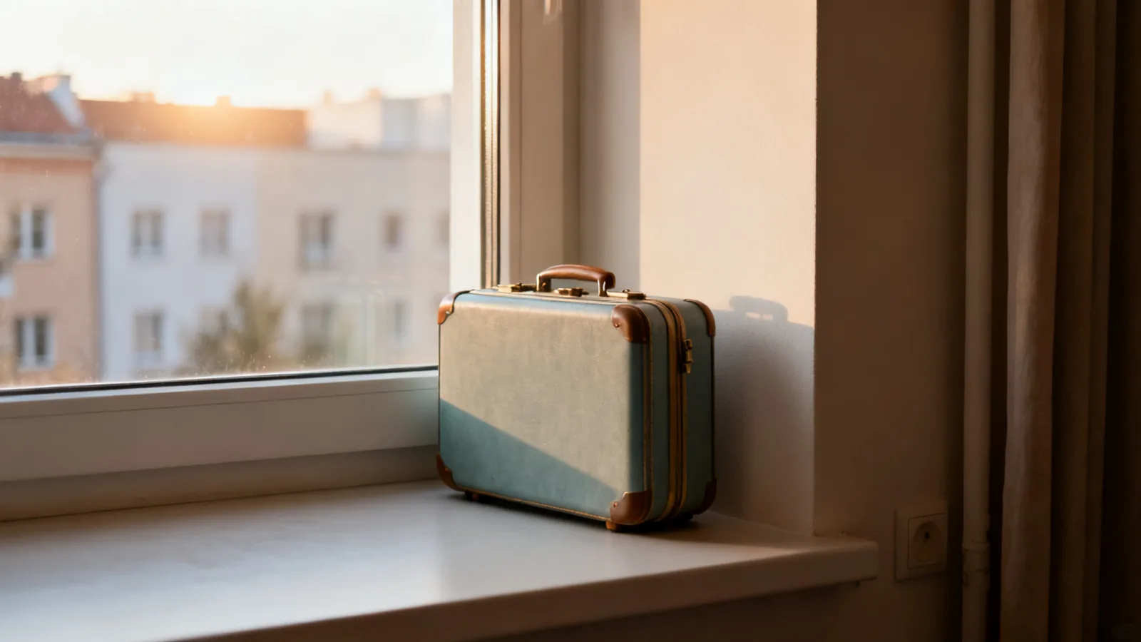 Illustrative suitcase beside a sunlit window