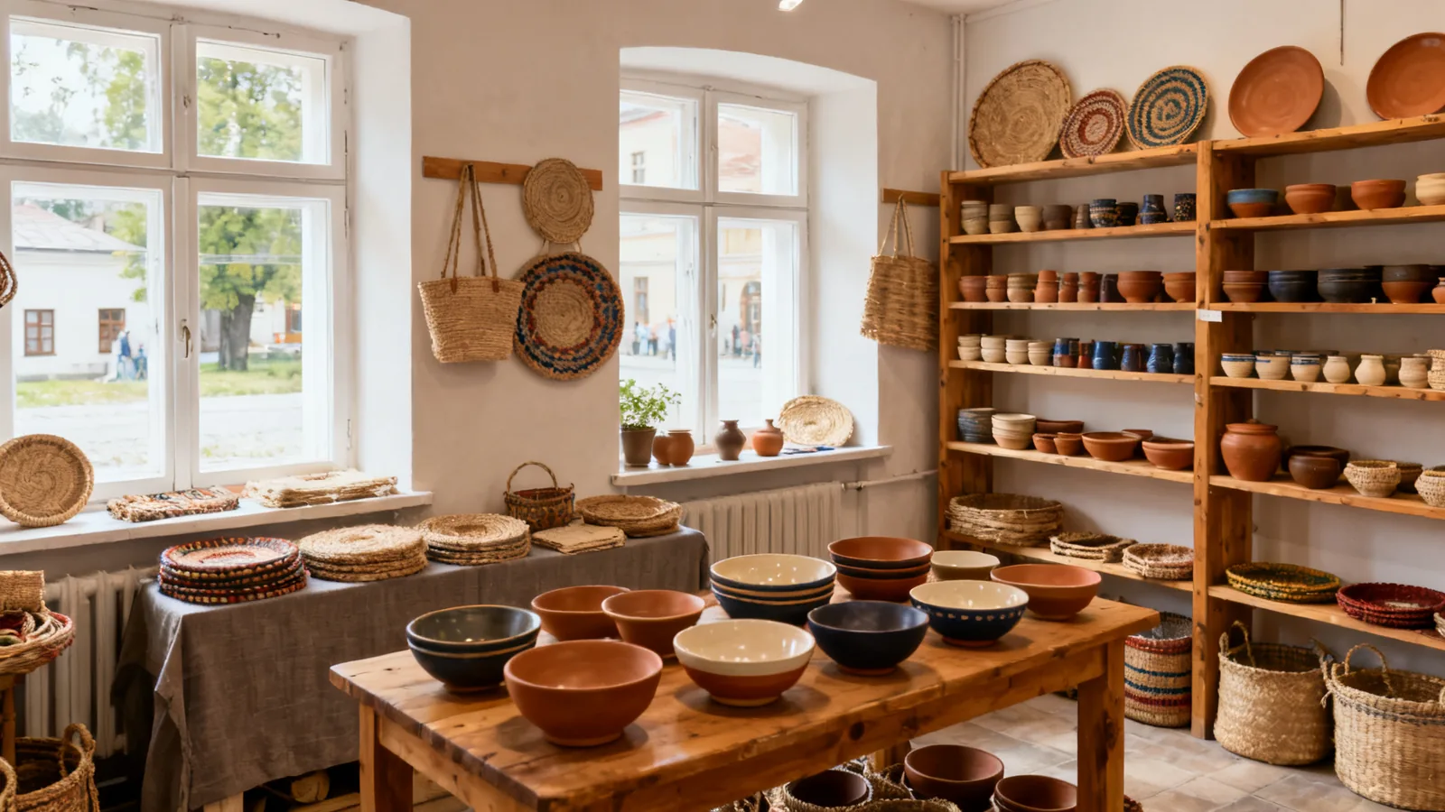 Illustrative ceramics and woven baskets in a small shop