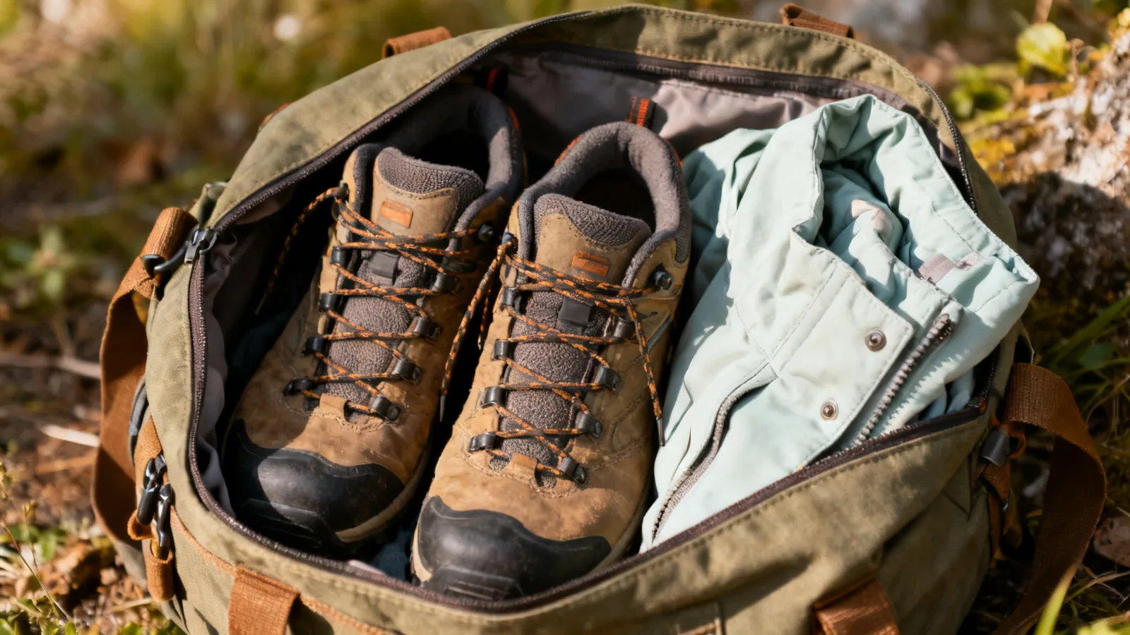 Illustrative walking boots and light jacket packed in a day bag