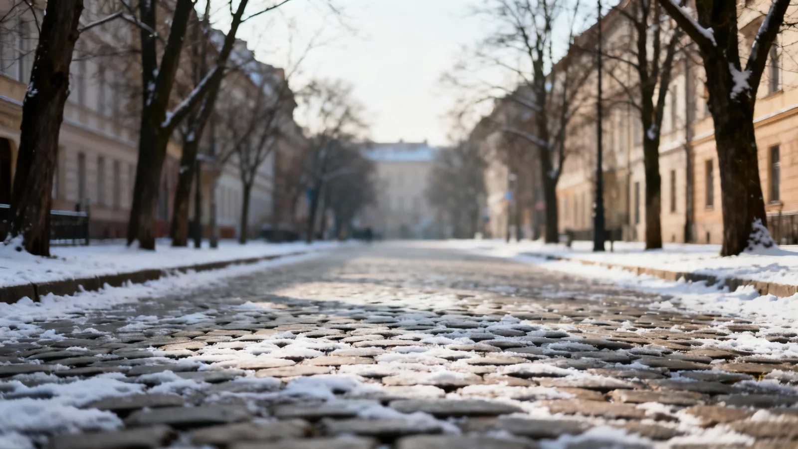 Illustrative cobbled street with patches of snow