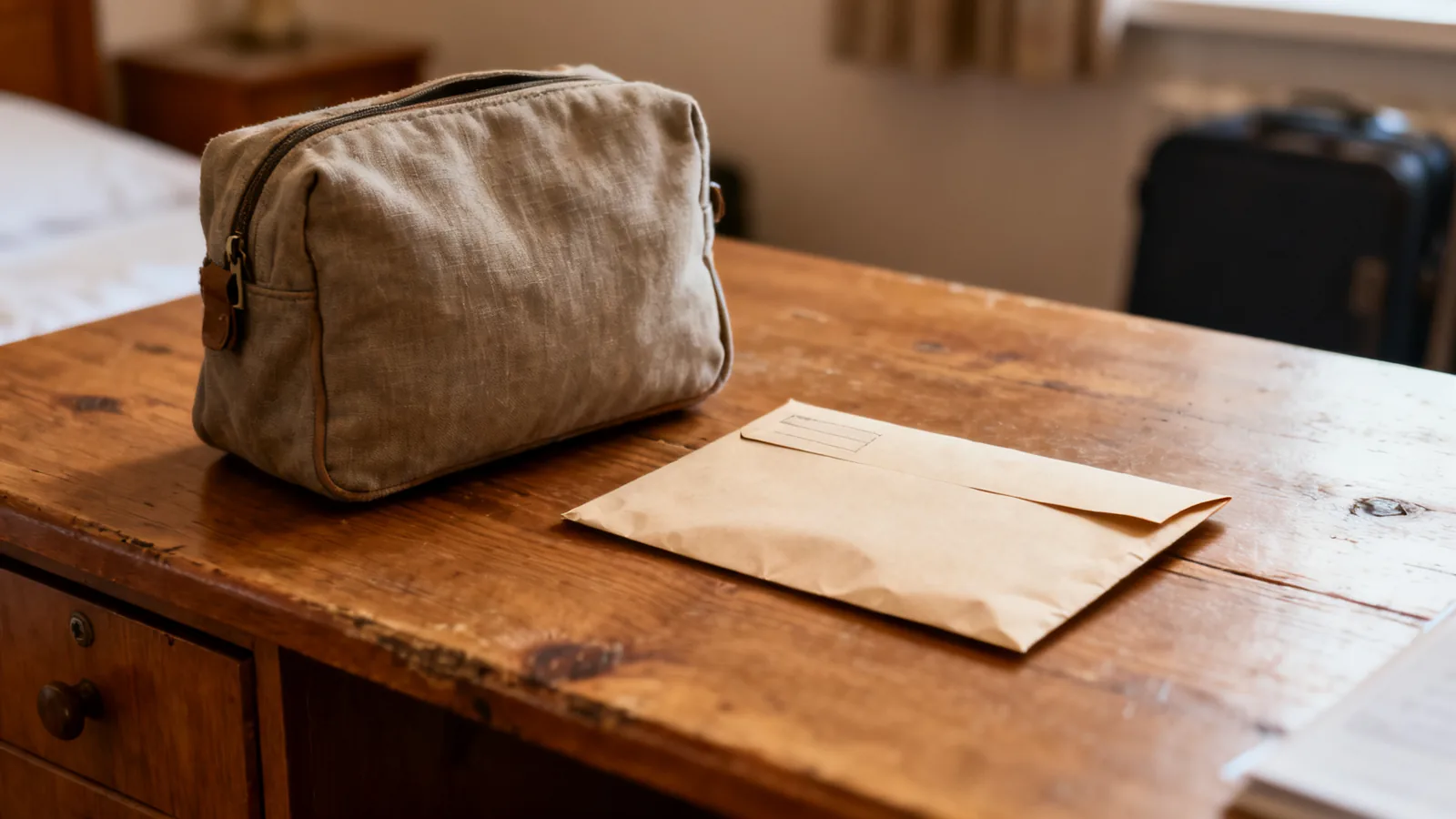 Illustrative travel bag and plain envelope on a guesthouse desk