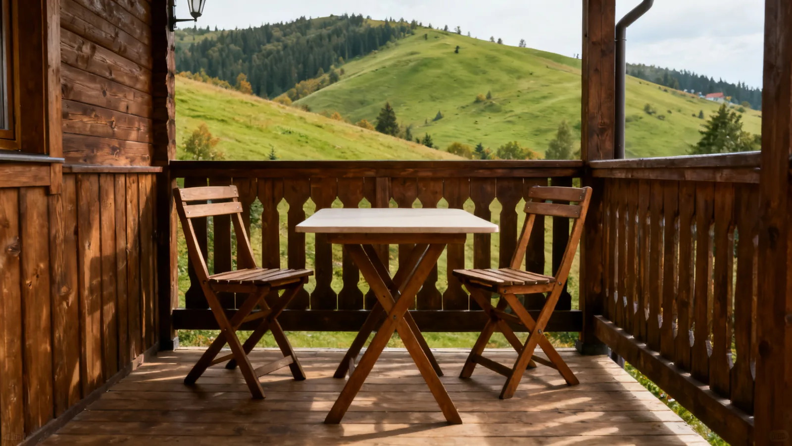 Illustrative empty wooden terrace in the Polish foothills